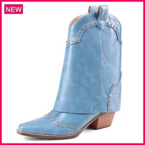 Women's Ankle Boots Fold Over Cowboy Western Snip Toe Studded Chunky Heel